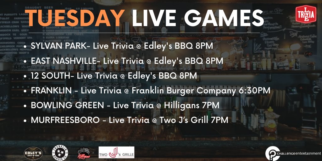 NashvilleTrivia's tweet photo. 🤓 LIVE TRIVIA &amp; SINGO🤓 TONIGHT - Tuesday February 25th⠀⠀⠀⠀⠀⠀⠀⠀⠀ 
#trivia #trivianight #nashville #nashvilleeatslocal #singo #pubpoll #triviaquestions #beer #datenight #tgif #friday #livetrivia #challengeentertainment https://t.co/91rzNEISjX