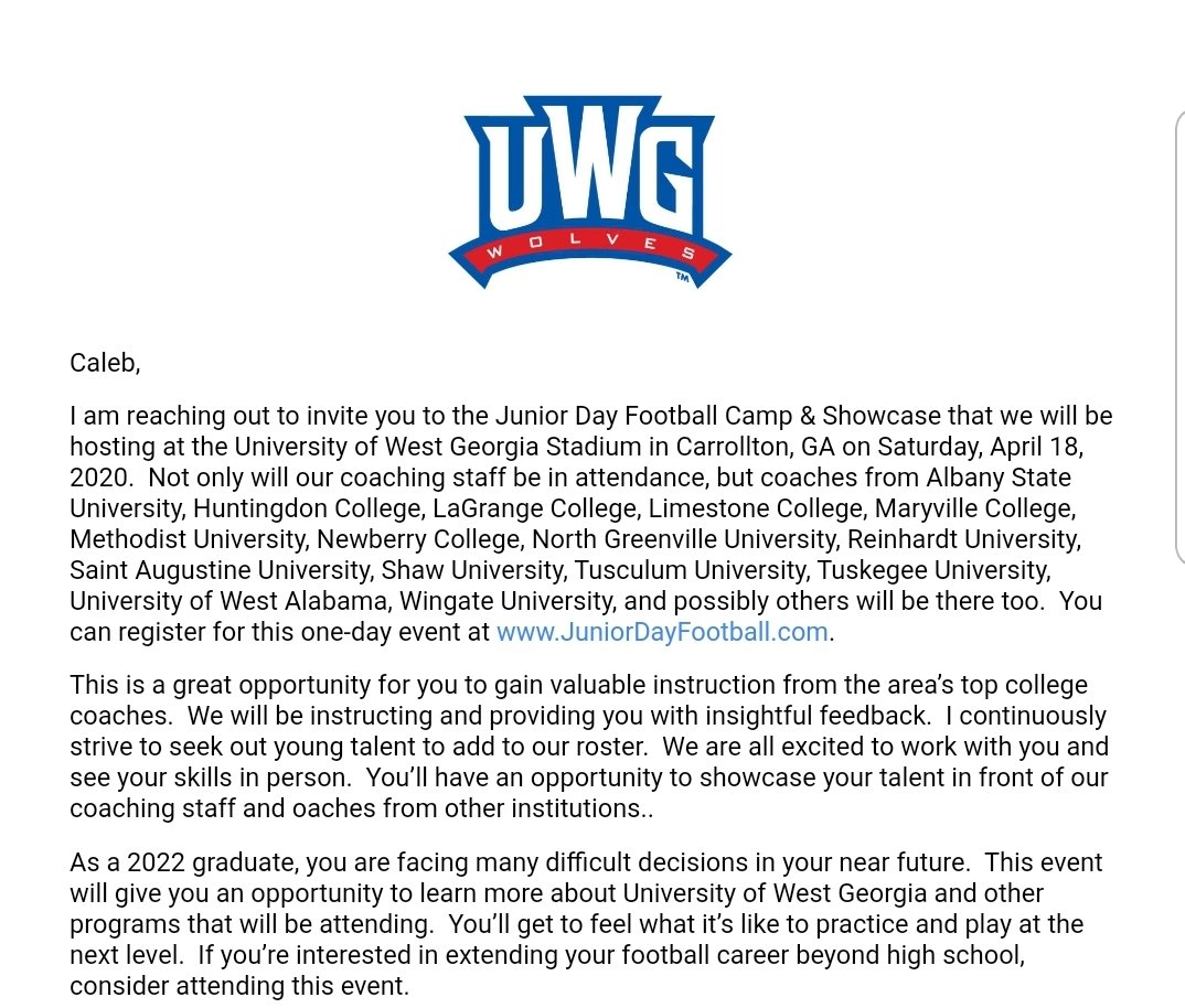 Thank you <a href="/CoachK_Skierski/">Kyle Skierski</a> for the Junior Day invite at <a href="/UWGAthletics/">West Georgia Wolves</a>