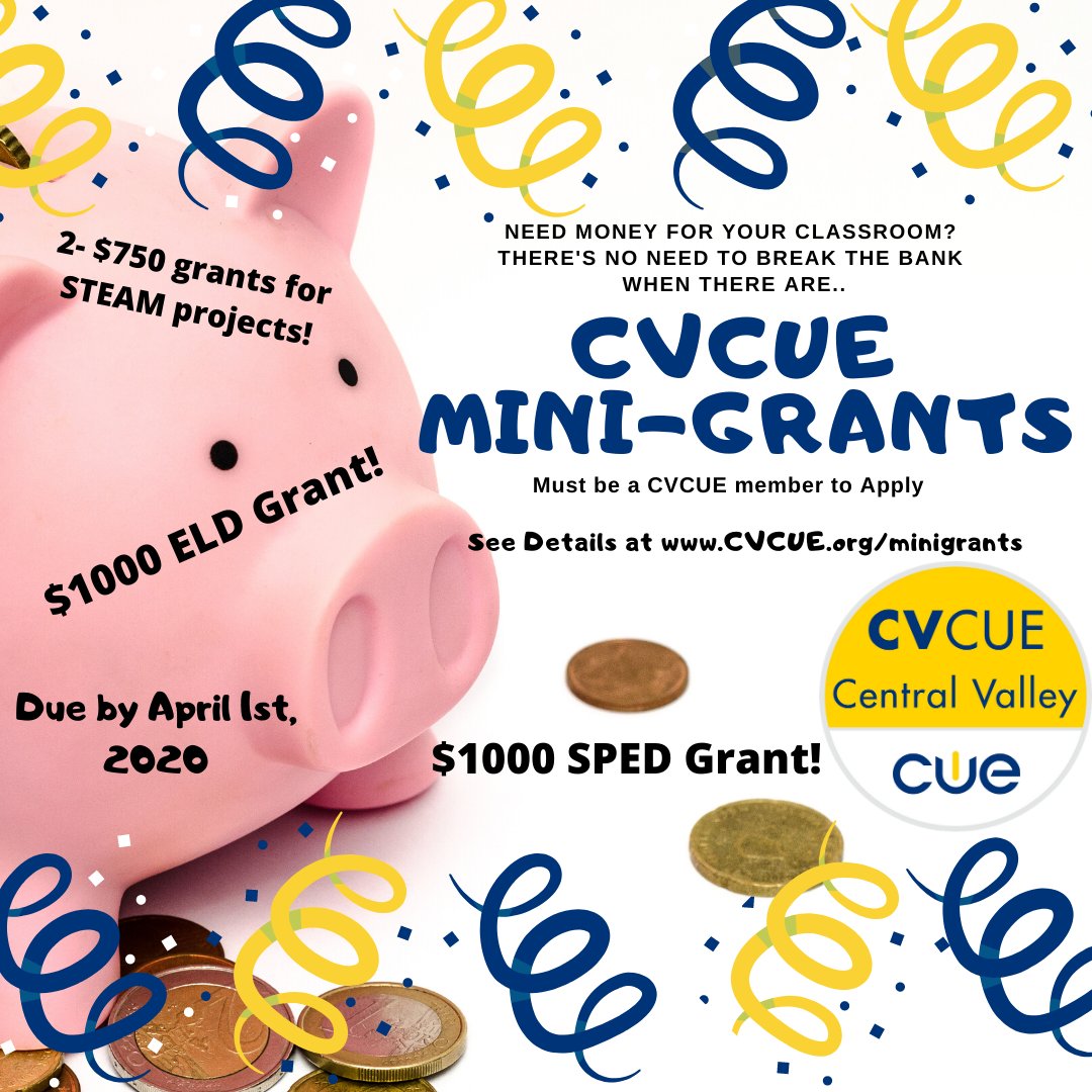 cvcue's tweet image. #CVCUE is committed to inspiring innovative leaders in the Central Valley! CVCUE is offering:

(2) mini-grants up to $750 focusing on STEAM. 
Also (2) $1,000 special mini-grants. One (1) for SPED, another for DESIGNATED ELD.

More info:
cvcue.org/minigrants

#wearecue