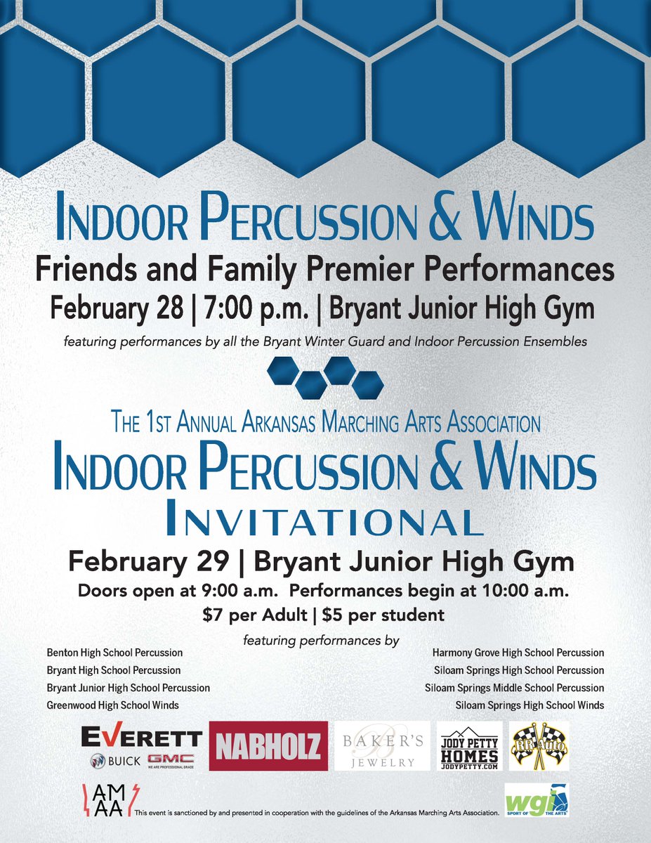 BryantSchools's tweet photo. @BryantBands will host the first ever Arkansas Marching Arts Association at BJHS this weekend. Get a preview of Bryant's Winter Guard and Indoor Percussion Ensembles at the friends and family performances on Friday, then come out for the invitational on Saturday. https://t.co/Y02txuBVXT