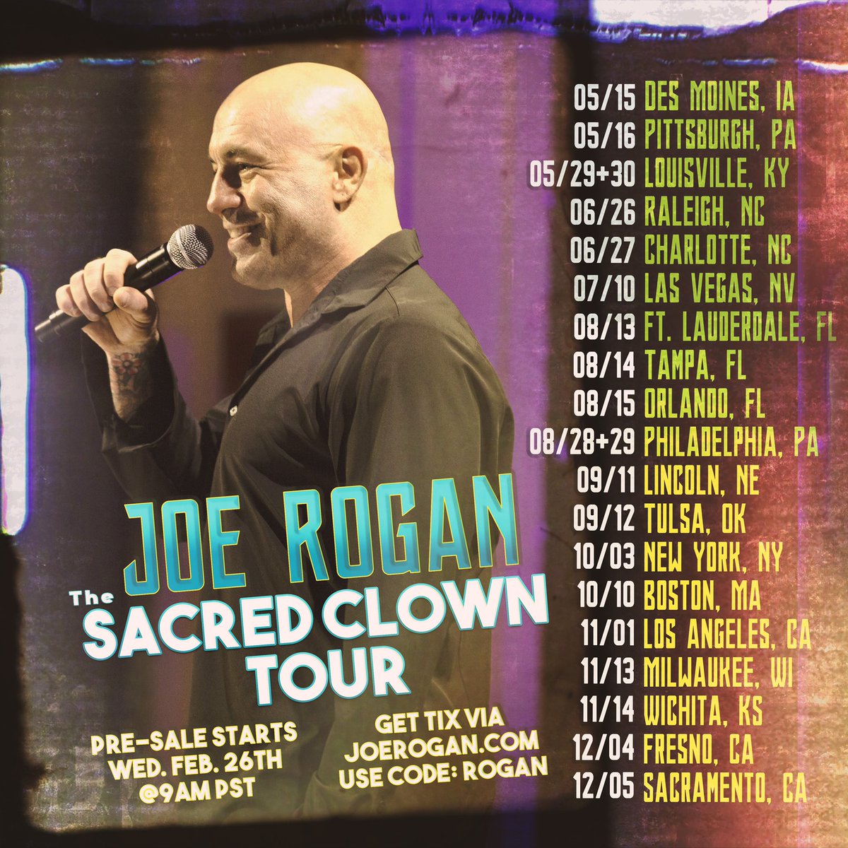 I’m going on the road!
Pre-sale starts tomorrow at 9am PST.  Ticket link is at joerogan.com