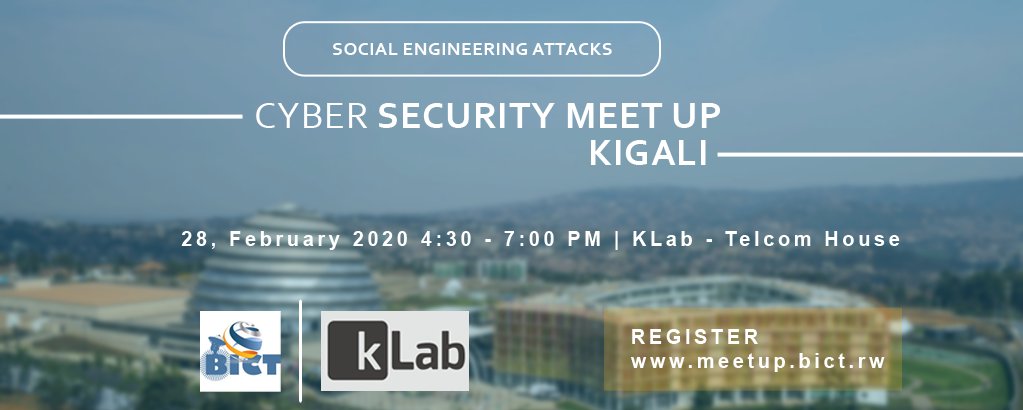 uzarwanda's tweet photo. 2 days left to go in #CyberSecurityMeetupRw to discuss on #cybersecurity challenges and Solutions on Social Engineering #threats and #prevention #Kigali #Rwanda @bictrwanda
Venue: @klabrw Telecom House
Time:4:30-7:00 Pm https://t.co/XBjKb9AW8b