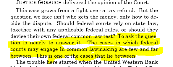 I've been missing #GorsuchStyle. But it's back with a roar! Is this opening clever or confusing or both? Why is asking the question nearly to answer it? Is it "common lawmaking" (shared lawmaking) or "common law-making" (making common law)? 1/ #appellatetwitter #scotus