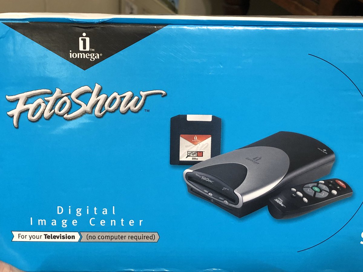 benjedwards's tweet photo. Because I’m a nut, I bought an Iomega FotoWorks (2000) new in box last year. It’s a 250MB Zip drive with composite video out. It came with a wacky pre-made slideshow on a disk

Was hoping I could play slideshows off of its CF slot, but nope-must copy to Zip disk first! https://t.co/kDK5P2m4FH