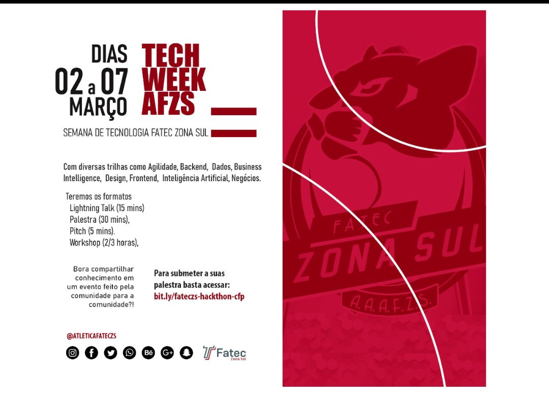 ananeridev's tweet image. [C4P] Durante os dias 02 a 07 de Março estaremos realizando a Semana de Tecnologia na Fatec Zona Sul. 
Nessa semana vai rolar diversos assuntos em trilhas e em vários formatos, eu estou coordenando a trilha de Java, entao #mandatalks ae

👉 bit.ly/fateczs-hackat…

#java #devs