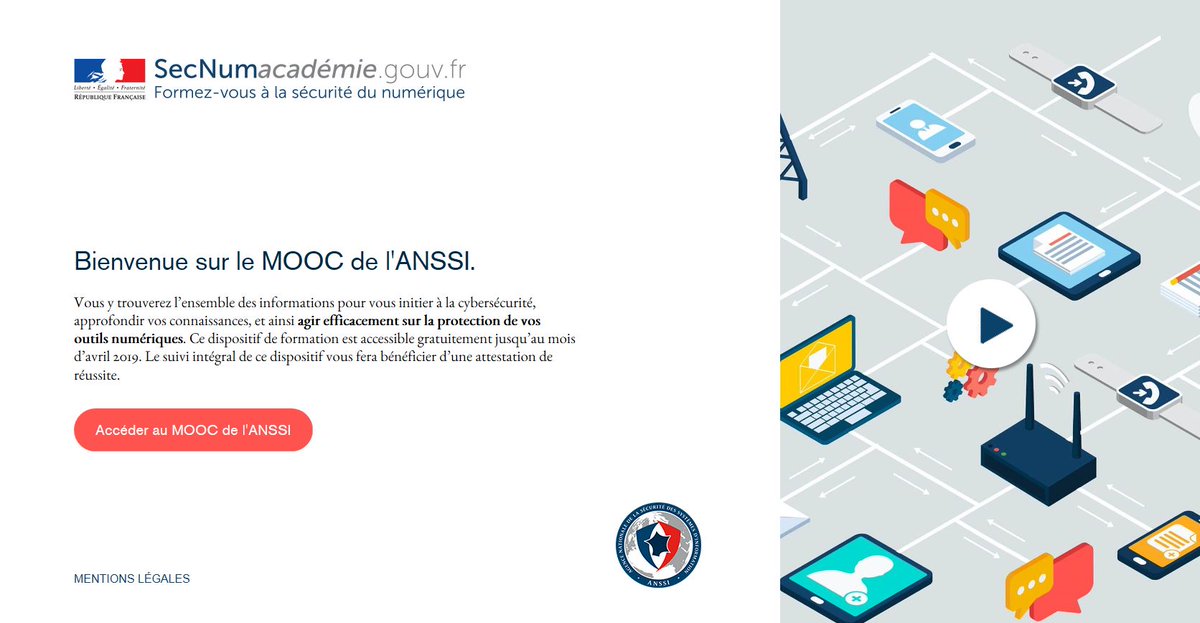 ANSSI_FR's tweet photo. Vous souhaitez vous initier à la #cybersecurite ? Il y a un #mooc pour ça !
🎓 https://t.co/V47o0d95PU
Avec #SecNumAcadémie, découvrez facilement et gratuitement les informations utiles pour protéger votre vie numérique https://t.co/OYowUqfFKw