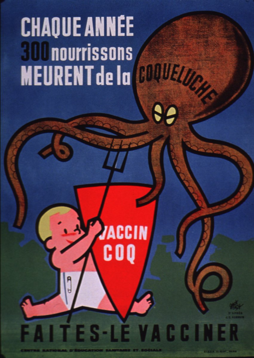 tpwky's tweet photo. Loving this French poster showing the pertussis vaccine acting as a shield against the monstrous five-tentacled whooping cough octopus.

National Library of Medicine https://t.co/dyPi173ujR