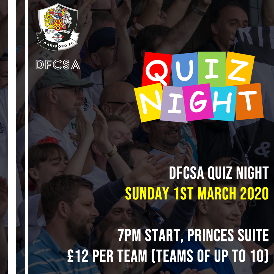 dartfordfc's tweet photo. @dartfordfcsa are holding a Quiz Night this weekend. โ
โ
Kick off is 7pm on Sunday night in the Princes suite at Princes Park, teams of 10 welcome - ยฃ12 per team. No need to book, come along!!!โ
โ
#dartsfc #dartfordfc #dfcsa #quiznight https://t.co/FpYxlyFRc6