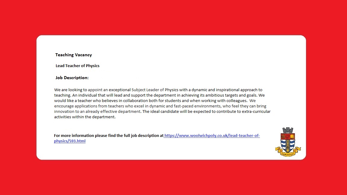 WPolyBoys's tweet photo. A great opportunity for someone looking to join an ever-growing school as a Lead Physics Teacher
https://t.co/pfqQSVvPJW
#developyourcareer #physics #schooljob #teachingjob #teaching https://t.co/rXeaas2mgV