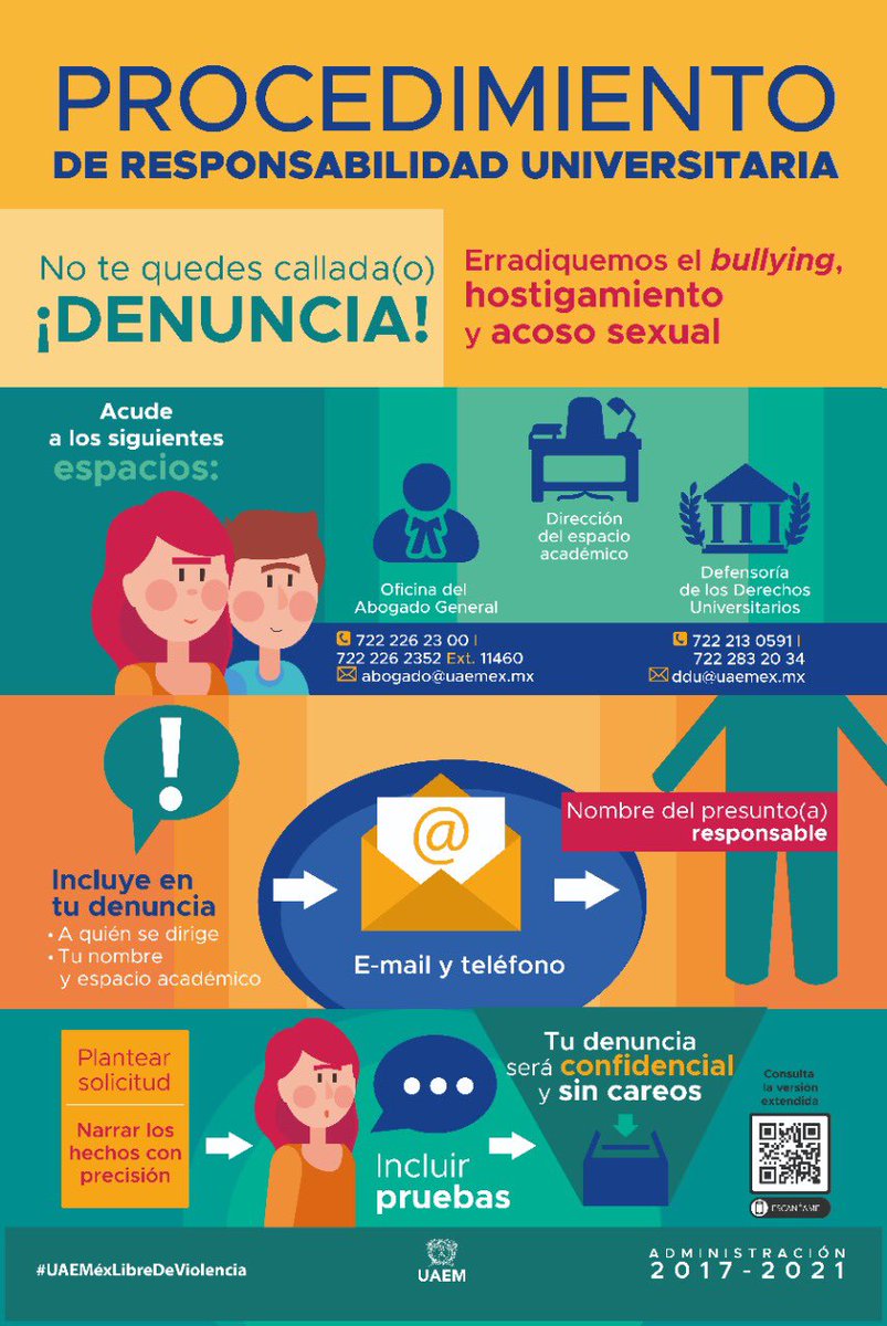 La única manera de erradicar el hostigamiento, la violencia, el bullyng, el acoso es con la #Denuncia 
#PorUnaUAEMéxLibreDeViolencia
Por favor amigos compartamos