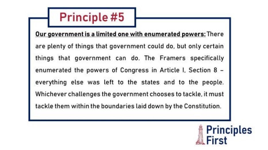 Principle #5. Government can’t be the solution for everything. The powers of the federal government are enumerated in the Constitution & all other powers are left to the states & to the people. Government should be limited.