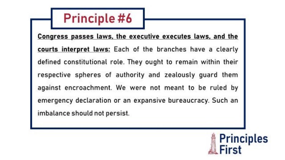 Principle #6. The separation of powers should be respected, even at the cost of partisan gain. We were not meant to be ruled by emergency declaration or an expansive bureaucracy. Things are out-of-balance.