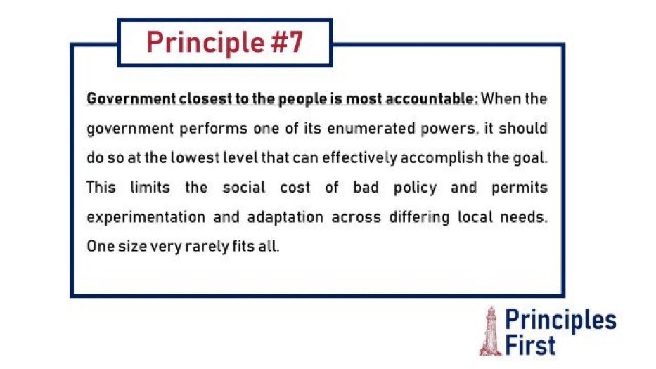 Principle #7. Subsidiarity. Federalism. Government closest to the people is most accountable. Local and state governments play a vital role in our constitutional system.