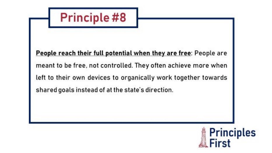 Principle #8. We believe in freedom. More can often be accomplished by working together towards shared goals on our own rather than at the state’s direction.