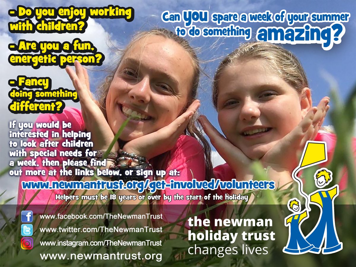 WE NEED VOLUNTEERS! Please help us recruit by sharing/printing this poster.
Help on a holiday for children and young people with disabilities this summer! More information at our website: 
newmantrust.org/get-involved/v…