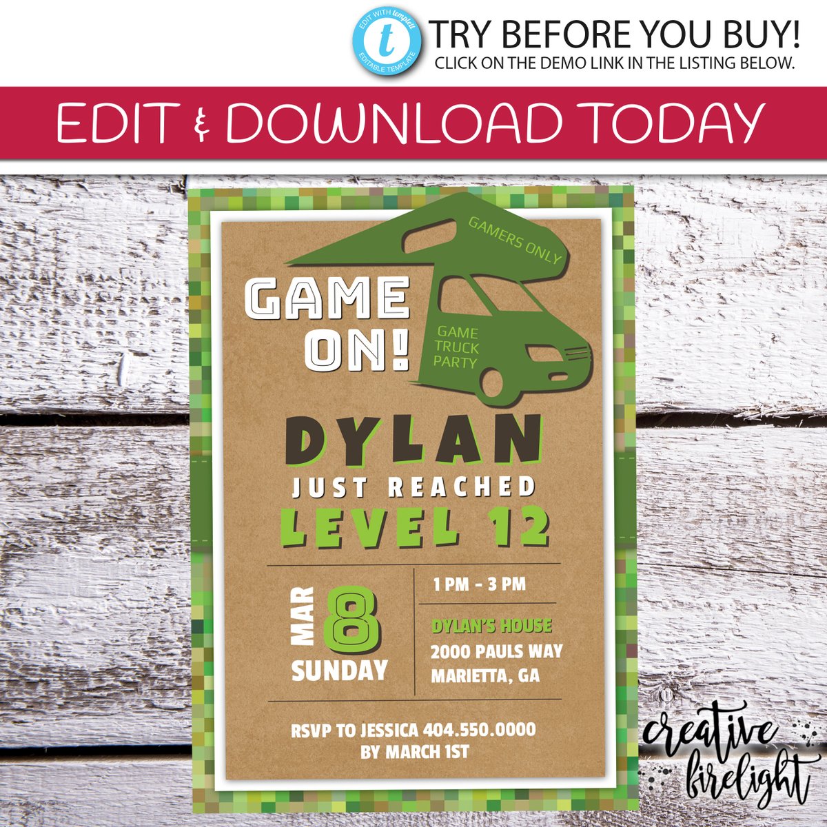 CreateFirelight's tweet image. Having a game truck party? These DIY birthday invitations are perfect for gamers, especially for those who love minecraft. etsy.me/2HTbEJp #minecraft #birthdayinvitations #gametruck #gamer #gametruckparty #birthdayparty