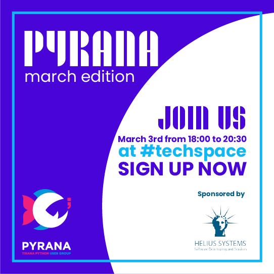 _pyrana_'s tweet image. We are happy to announce that March #Pyrana #Meetup will be sponsored by Helius Systems. Big thanks to them for their contribution to the #Tirana #Python #community.

See you @TechSpace_al 

meetu.ps/e/HM2sL/Bwnhz/a

#programming #tech #software #usergroup