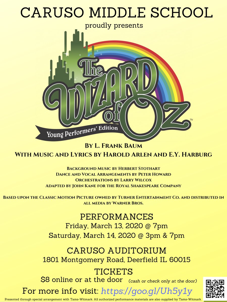 Tickets are now on sale for <a href="/109Caruso/">Caruso Middle School</a>'s "The Wizard of Oz - Young Performer's Edition"!
For more information/ticket sales, view the poster below or go to my site: kvombrack.wixsite.com/carusomusic/mu…