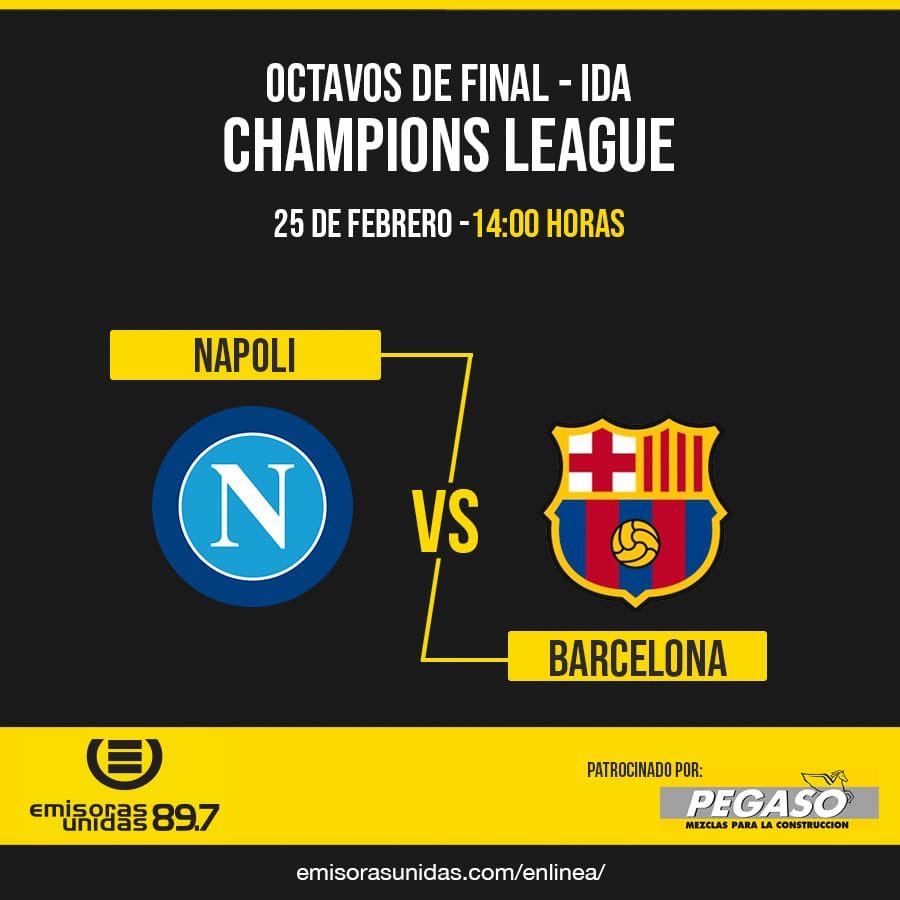 pegasomezclas's tweet photo. Sigue la #championsleague a través de #emisorasunidas 89.7fm #Pegaso #MezclasParaLaConstrucción patrocinador oficial #UCL #Napoli VS #Barcelona https://t.co/7QlfhZUv1X