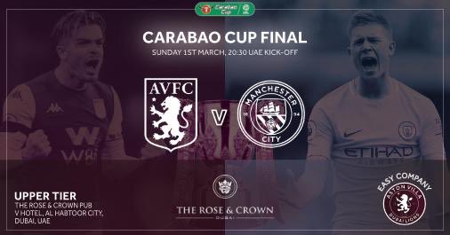 No #PremierLeague action this weekend as <a href="/AVFCOfficial/">Aston Villa</a> are at #Wembley. Didn’t get a ticket in the #AVFC end? Didn’t want a ticket in <a href="/ManCity/">Manchester City</a> end? Come to #DubaiLionsHQ, Rose &amp; Crown, V Hotel, Dubai - Kick off 8.30pm UAE time. #UTV #VTID #HolteEndersInDubai #CarabaoCup