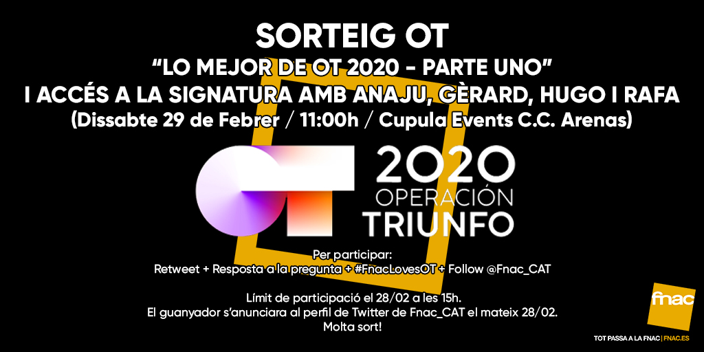 Fnac_CAT's tweet photo. 💿🎁 Atenció perquè hi ha #SorteOT! Guanya el primer CD recopilatori i sigues el primer a tenir la signatura dels concursants que estaran amb nosaltres a la Cúpula @arenasdebcn!
👉 Segueix les instruccions + Quina és la teva cançó preferida del disc?
Molta sort!
#FnacLovesOT https://t.co/F0zeEimwwe
