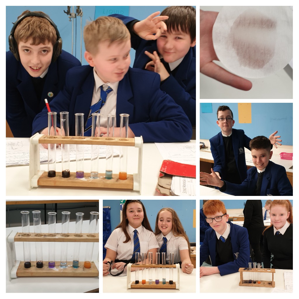 DalzielScience's tweet photo. #S1Science testing for the presence of glucose, starch, protein & fat. Then applying the knowledge gained to correctly identify what's in unknown liquids X & Y. #teamwork #collaboration https://t.co/Sw7IOxvPP0