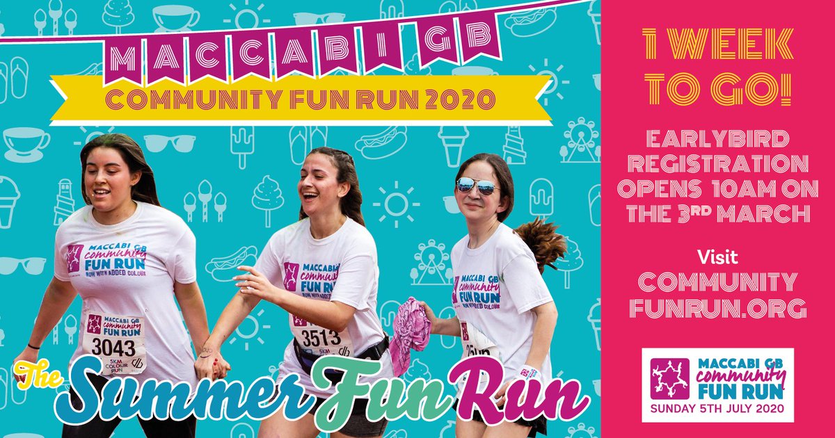 MGBCFR's tweet photo. Are you ready for The Summer Fun Run? Let the countdown begin ⏱ #Earlybird registration for the Maccabi GB Community Fun Run 2020 opens at 10am on the 3rd March. Find out more at: https://t.co/RkcmuytKi8 #jewishevents #jewishcommunity #funrun #jewishcharity #fundraising https://t.co/Z3Rx0hIYRG