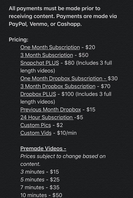 These are my prices. If you&rsquo;re interested in a premade video list or more fetish content please DM me<a href="/tag/asian"class="tags"><span>#asian</span></a><a href="/tag/sexting"class="tags"><span>#sexting</span></a><a href="/tag/sessions"class="tags"><span>#sessions</span></a><a href="/tag/gfe"class="tags"><span>#gfe</span></a><a href="/tag/dropbox"class="tags"><span>#dropbox</span></a><a href="/tag/premiumsnapchat"class="tags"><span>#premiumsnapchat</span></a>