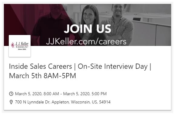 JOIN US next week for our #insidesales ON-SITE INTERVIEW DAY @JJKeller! Bring along your resume, and stop by at your convenience to interview on the spot with our #sales hiring leaders. #jjkellerdifference #jjksales #hiring #neenahjobs #appletonjobs #foxvalleyjobs