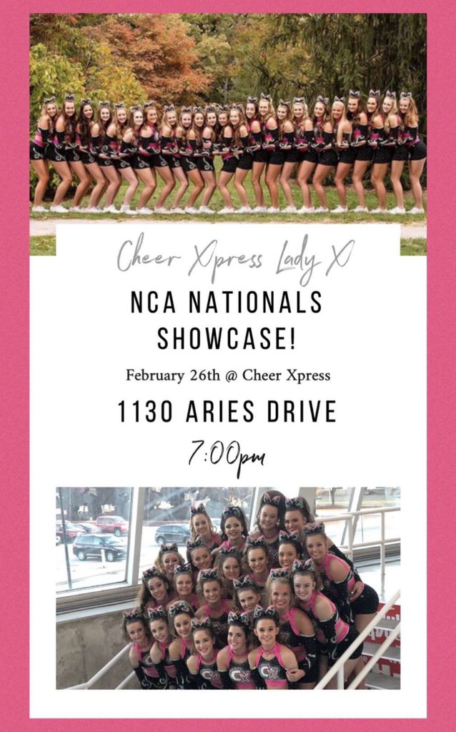 🙅🏼‍♀️NCA Showcase🙅🏼‍♀️
Lady X is having our NCA showcase this Wednesday at Cheer Xpress! It will be at 7:00 PM. It would mean the world to us if you could come out and support!💗