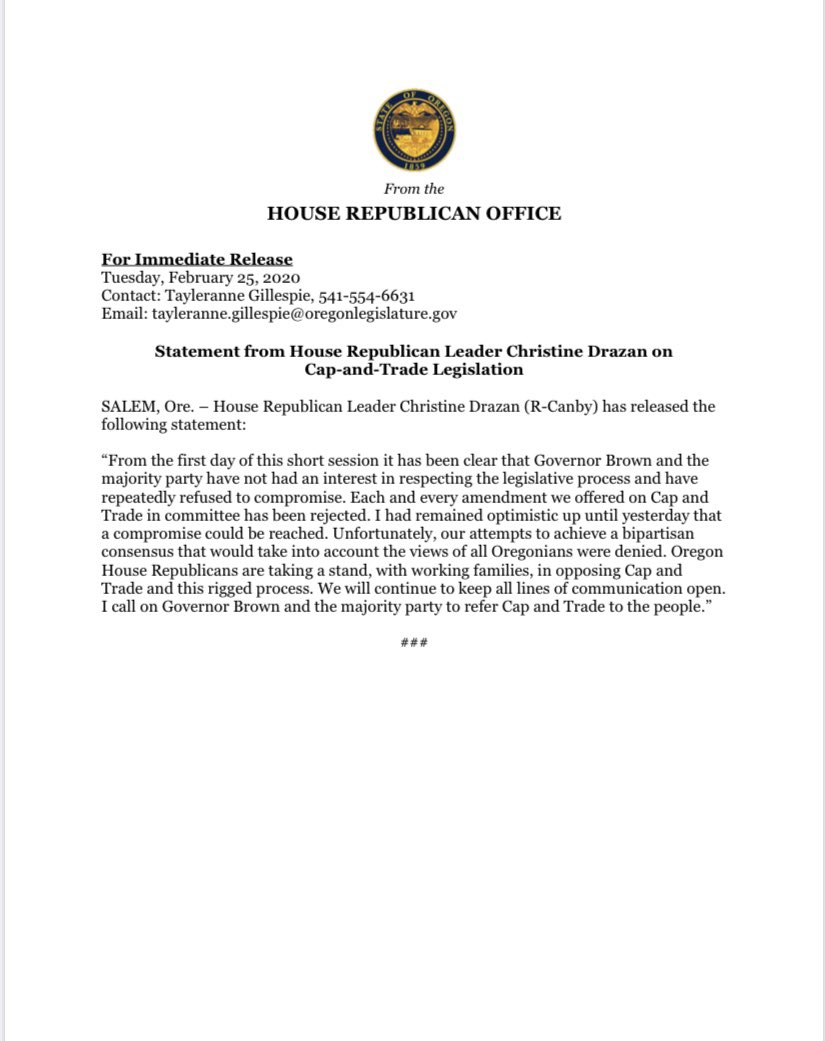 OregonHouseGOP's tweet photo. Statement from House Republican leader Christine Drazan on Cap and Trade legislation. #orpol #orleg https://t.co/aIaZLTn7GM