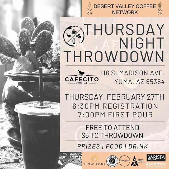 BARISTAMAGAZINE's tweet photo. The Desert Valley Coffee Network is pulling it all out for what’s going to be an epic TNT this week (Feb. 27) at Cafecito in Yuma, Arizona! Killer prizes, yummy food and drinks, and all your friends — and your soon-to-be friends! . .
.
.
.
.
.
.
#cafecit… https://t.co/eiAdYlIYie https://t.co/CRtRMRr98m