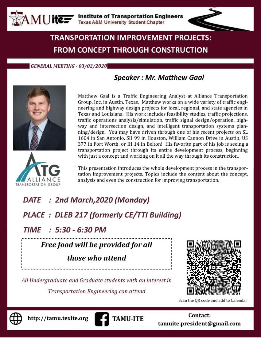 TAMUite (@itetamu) on Twitter photo Join us for a general meeting on Mar 2nd at 5:30 pm in DLEB 217 with Mr. Matthew Gaal from ATG.
He will introduce the whole development process in transportation improvement projects.
<a href="/TAMUEngineering/">TAMU Engineering</a>
<a href="/TAMUCVEN/">TAMU Civil & Environmental Engineering</a> Join us for a general meeting on Mar 2nd at 5:30 pm in DLEB 217 with Mr. Matthew Gaal from ATG.
He will introduce the whole development process in transportation improvement projects.
<a href="/TAMUEngineering/">TAMU Engineering</a>
<a href="/TAMUCVEN/">TAMU Civil & Environmental Engineering</a>
