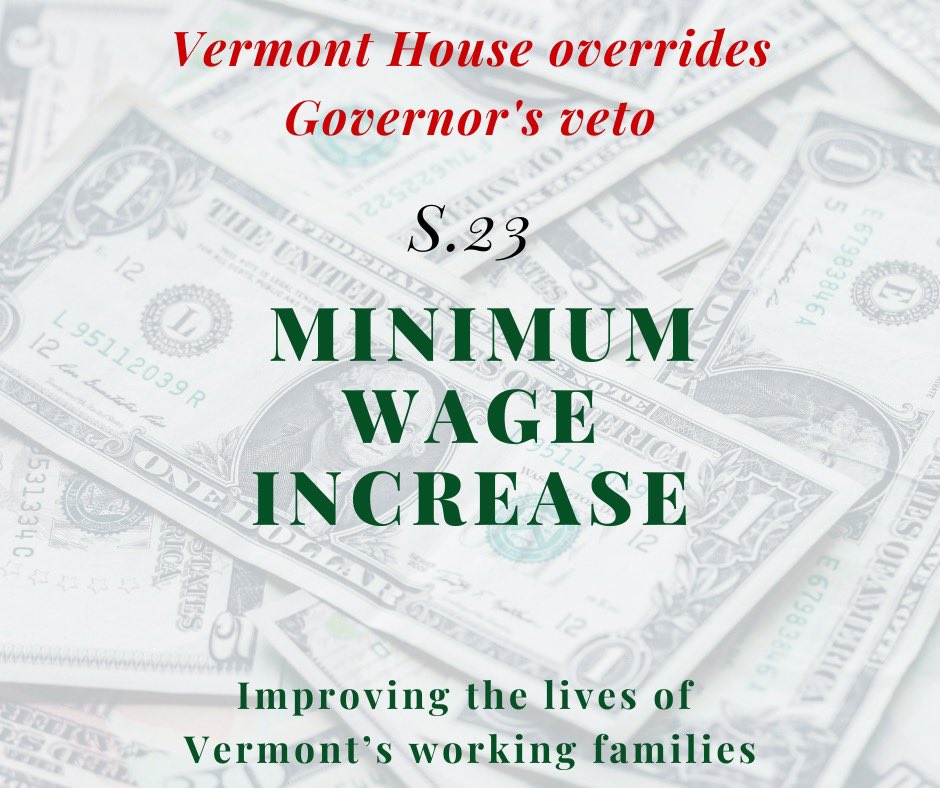 VTHouseDems's tweet photo. ‼️The House just voted YES to override the Governor’s veto of minimum wage‼️

When we rewrite the rules so that families can care for and support themselves, we boost the economy. #vtpoli https://t.co/G16wnPfF7V
