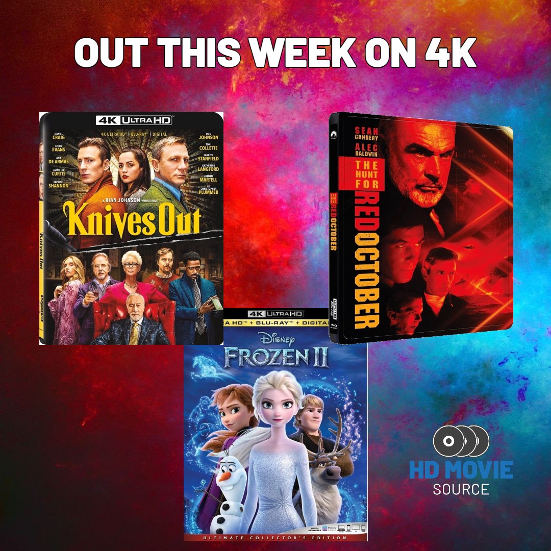 HDMOVIESOURCE's tweet photo. #Frozen2, #KnivesOut, #ColorOutOfSpace and #TheHuntForTheRedOctober. All great movies released on #4KUltraHDBluray today.

More info: https://t.co/QvCcGVe4IU https://t.co/Mm7MS3ZzKt