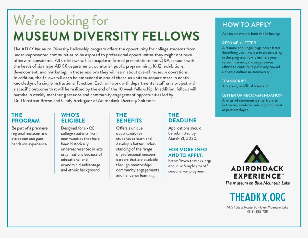 AdkDiversity's tweet photo. Once again we are pleased to work with our friends at @theADKX to recruit our 2020 cohort of #museum #diversity fellows!
Spend 10 weeks living in the #Adirondacks, working with & learning from #ADKX staff, while too engaging in weekly mentoring.
**Spread the word!**
@AAMers https://t.co/z7sgIKUd7Z