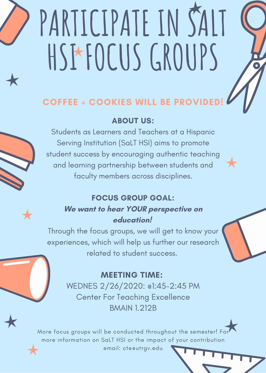 Dear students,
Tomorrow  (Wednesday February 26, 2020) we will have a Student Focus Group meeting.
Flyer is attached.
Your participation is fundamental! We want to hear YOUR perspective on education. 

Coffee and cookies will be provided 😊