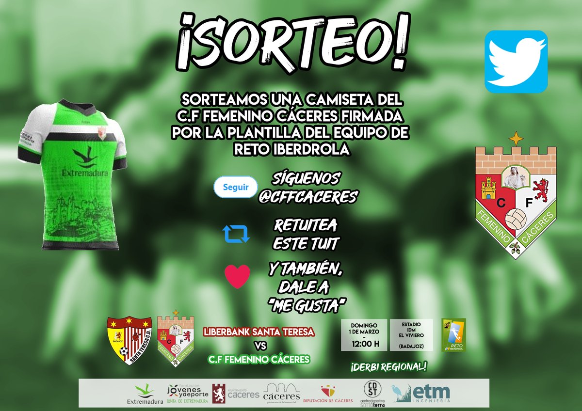 ➡🚨¡¡¡SORTEO!!!🚨⬅

Sorteamos una camiseta del @CFFCaceres firmada por todo el equipo de #RetoIberdrola

Sólo tienes que:
➡ Seguirnos
🔁Dar RT este tuit. 
❤Y Dar Me Gusta.

Tienes hasta el domingo para participar.

🍀 ¡SUERTE! 🍀

⚽️💚⚽️💚
#Temporada1920
#RetoIberdrola