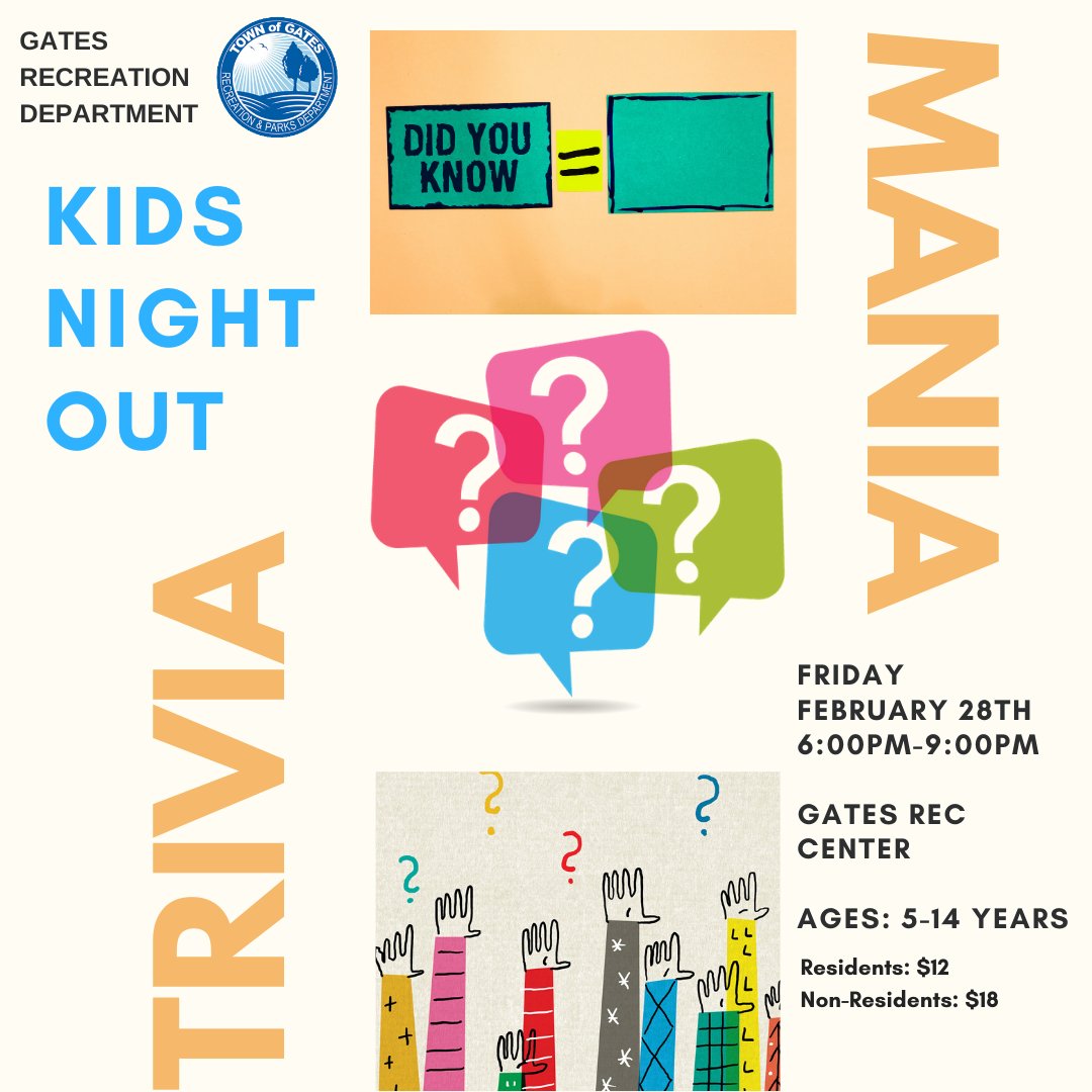 Kids Night Out is this Friday!  We will spend the evening in groups playing trivia games, participating in a small escape room activity and Gaga Ball!  Register soon as this program fills up quickly! #gatesrec #gatesrecreation