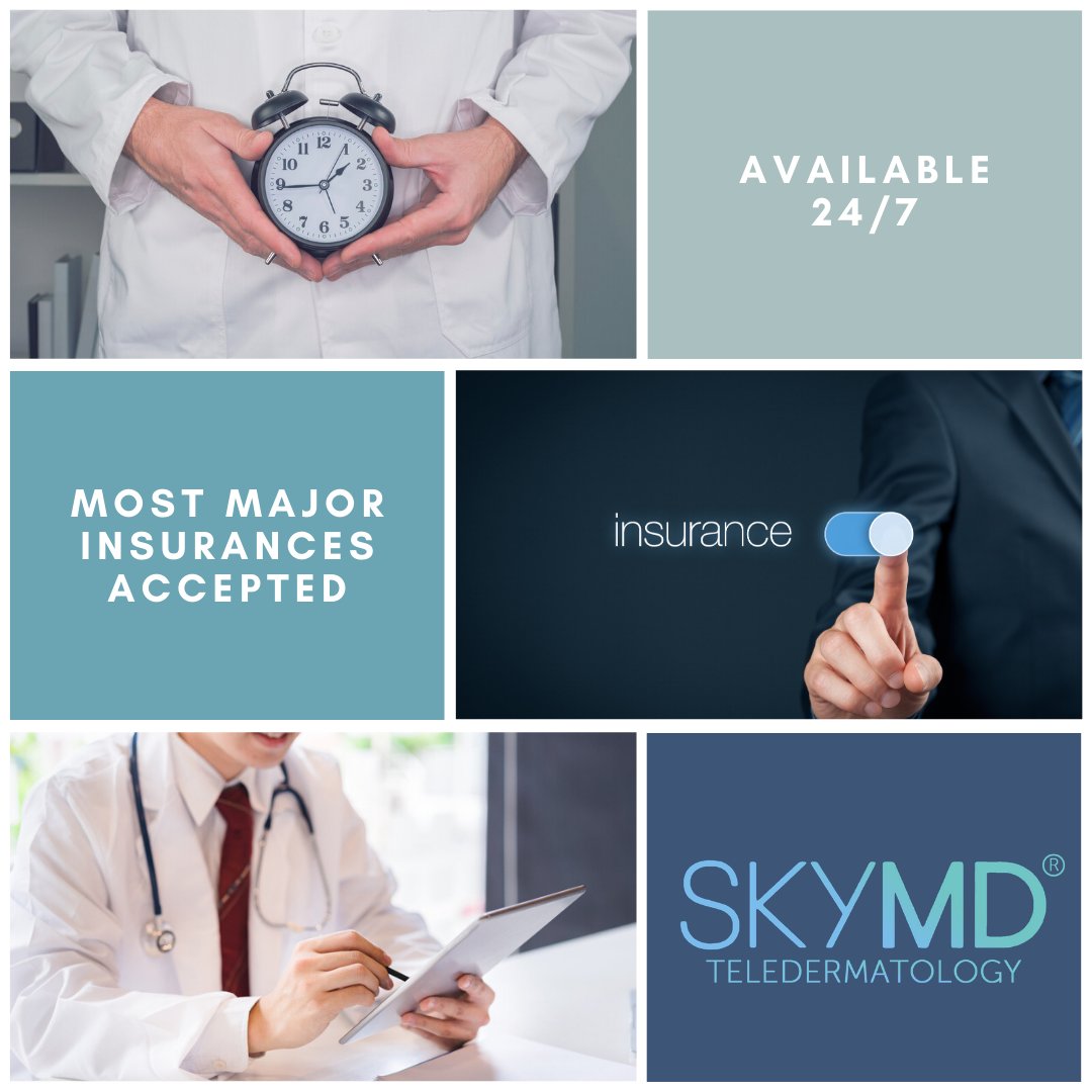 getSkyMD's tweet photo. Like other dermatologists, we accept most insurances. Unlike other dermatologists, we're here to help you 24/7! Visit https://t.co/CukrCxJPES now to see which insurances we accept and to begin an appointment. https://t.co/Ep78M0tRsR
