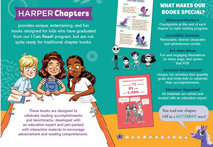 I am so very excited to finally be able to talk about our new line of early chapter books, HarperChapters, which launches today with Tom Watson's super-funny TROUBLE AT TABLE 5!! Check out this image to see all the cool features in each book!