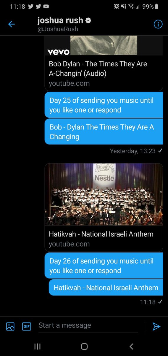 Day 26 of sending  @JoshuaRush music until he likes one or responds Hatikvah - National Israeli Anthem Starts after 1:14