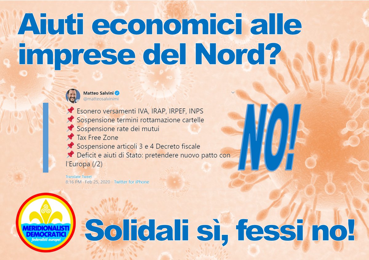 meri_dem's tweet photo. I soliti furbetti leghisti vanno bloccati!
Le famiglie nelle zone colpite dall'infezione COVID-19 vanno assistite con iniziative sanitarie e economiche.
Ma, nulla, proprio nulla va fatto per le imprese del Nord!
Solidali sì, fessi no! https://t.co/zKugxkjlJ8