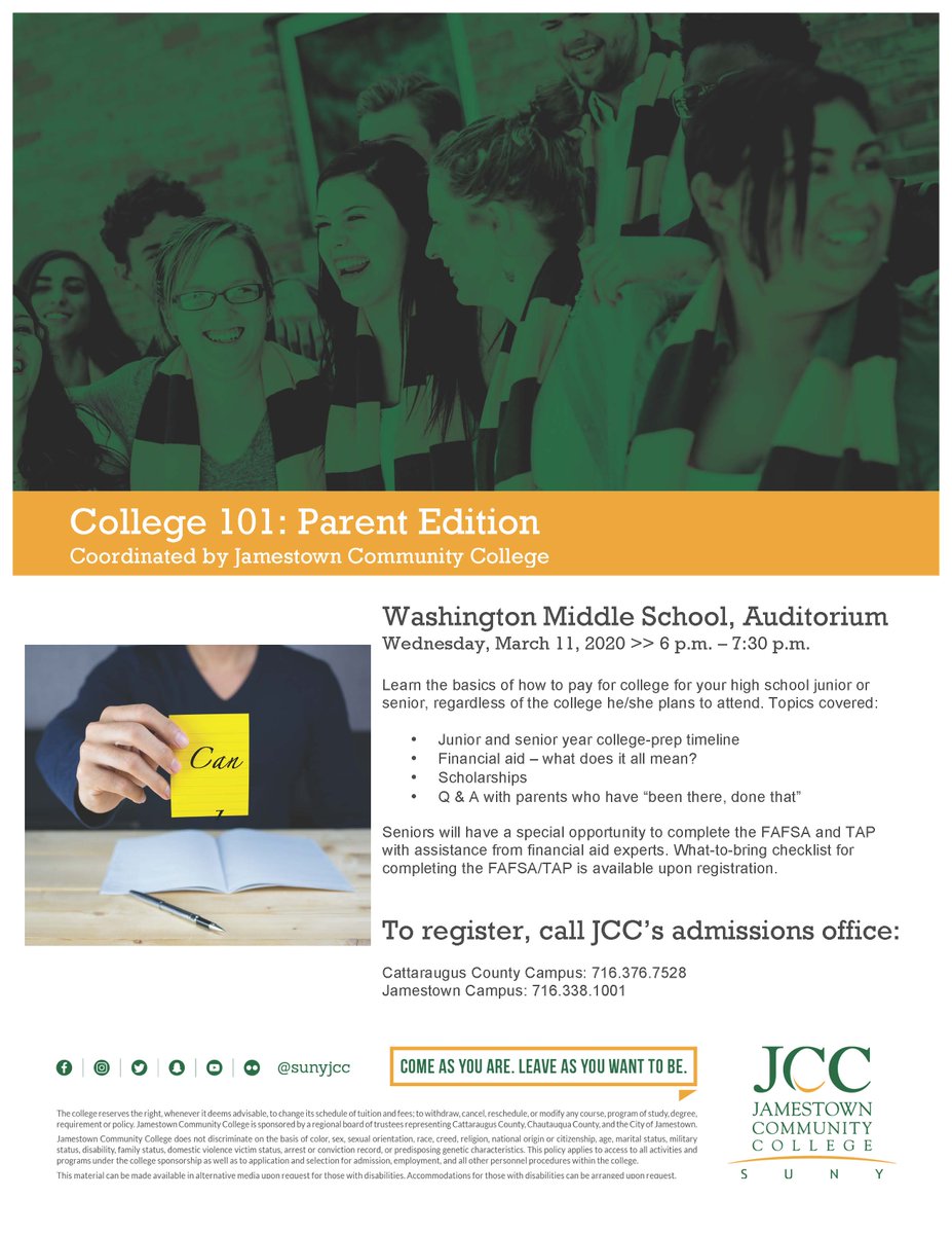 JHS_NY's tweet photo. If you are high school junior or senior parent, mark your calendar now for College 101: Parent Edition on March 11th from 6 to 7:30 p.m.! The seminar, coordinated by SUNY JCC, will cover all sorts of topics including financial aid &amp; scholarships! Important info! #jpsny https://t.co/PvnACsfOFL
