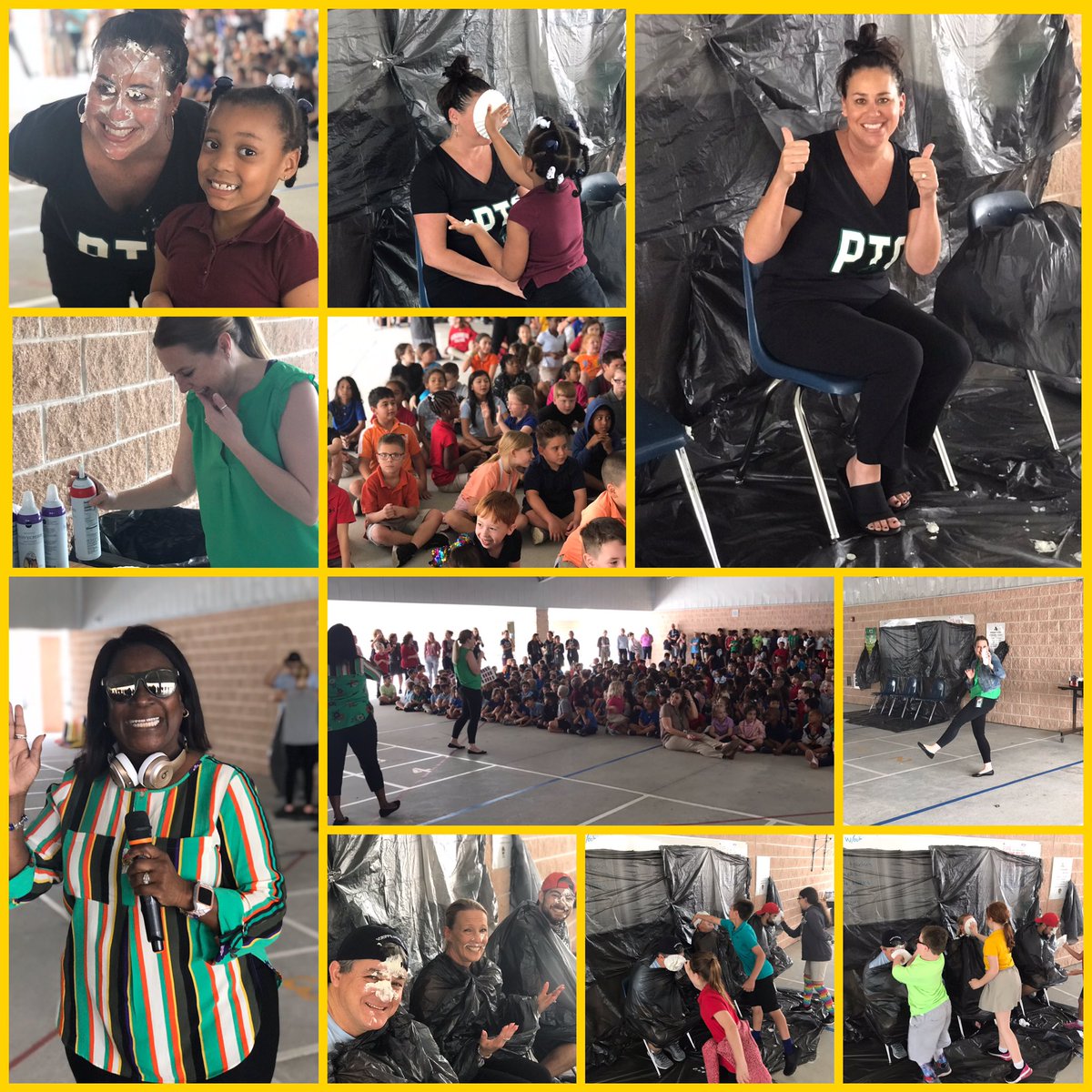 PIE IN THE FACE! Principal Jonas and fellow staff rewarding successful fundraising for SPE funds! #goodsports#excitement#teamwork
#lotsofsmiles @SPEHAWKSNAPLES @collierschools
