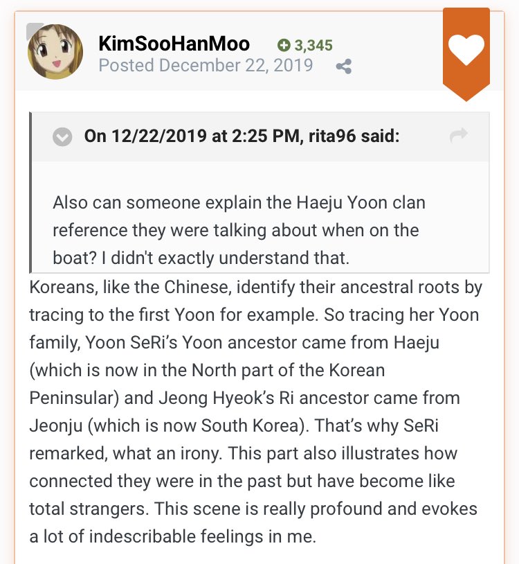 Seri notes the irony that the Ri and Yoon clans trace their origins in the South and North, respectively. KimSooHanMoo explains better (below). This highlights how much S Koreans remember their ancestral roots and familial ties in the North.  #CrashLandingOnYou  #CLOY