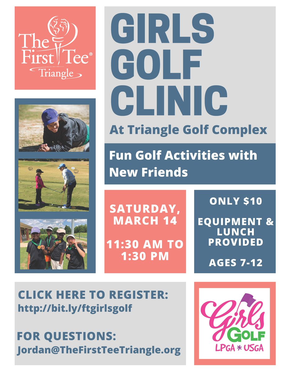 Join us on March 14th for our Girls Golf Clinic at Triangle Golf Complex. But hurry, there's only 3 spots left! 🏌️‍♀️

Head to our website to register: 
bit.ly/2PqmvyN
