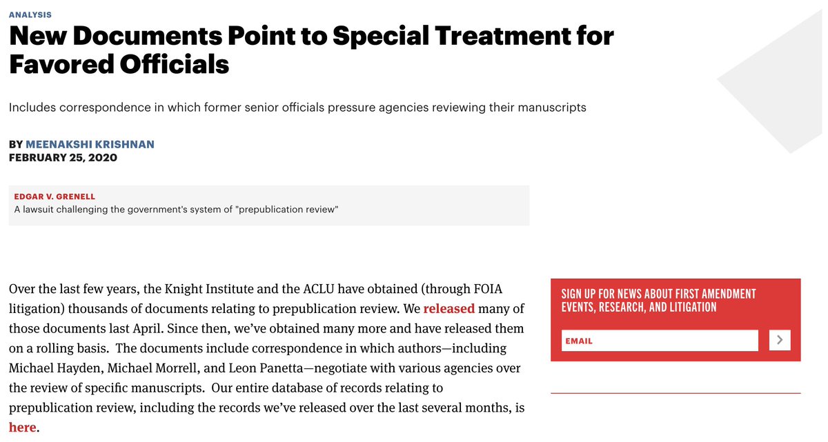 Through FOIA, @knightcolumbia and @ACLU have obtained thousands of documents relating to the government’s sweeping censorship system of prepublication review. We’ve been releasing these on a rolling basis, and today we’re highlighting some of the latest. https://knightcolumbia.org/content/new-documents-point-to-special-treatment-for-favored-officials …