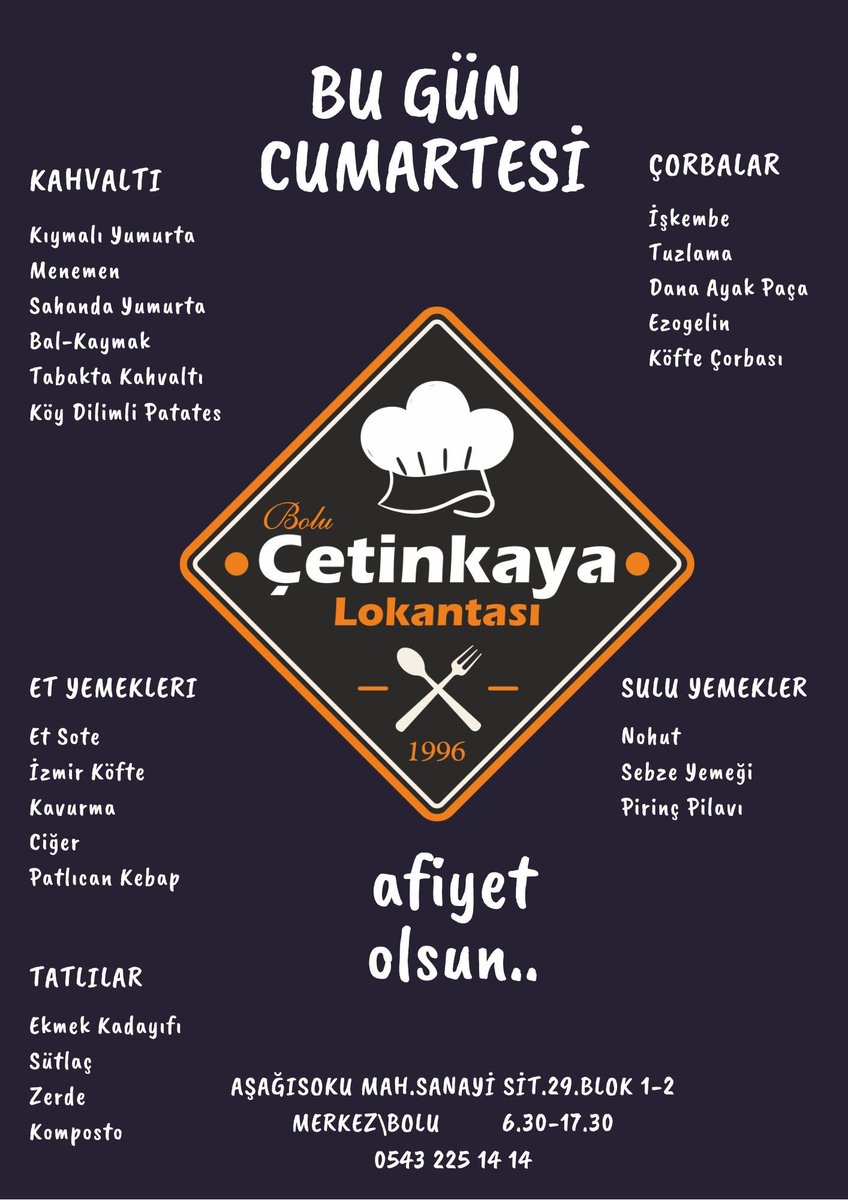 Cumartesi Menüsü

#bolu #etlokantası #çorba #esnaflokantası #bçl