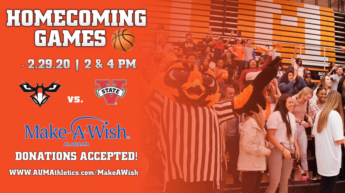 Help us end homecoming week in style by supporting <a href="/AUMWarhawksWBB/">🏀AUM Women’s Basketball</a> &amp; <a href="/AUMWarhawksMBB/">🏀AUM Men’s Basketball</a> as they host Valdosta State in their final home games of the year on Saturday! We’ll also have spots set up for <a href="/MakeAWish/">Make-A-Wish America</a> donations! #WeAreAUM